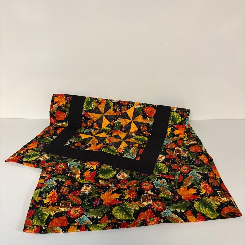 Handmade Autumn Quilted Table Runner Postage Stamp Leaves Black Border 40x20in